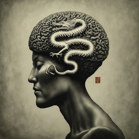 The Beyond Book Cover - A surreal image of a figure with a serpent-wrapped brain, representing the fusion of supernatural and biotechnology
